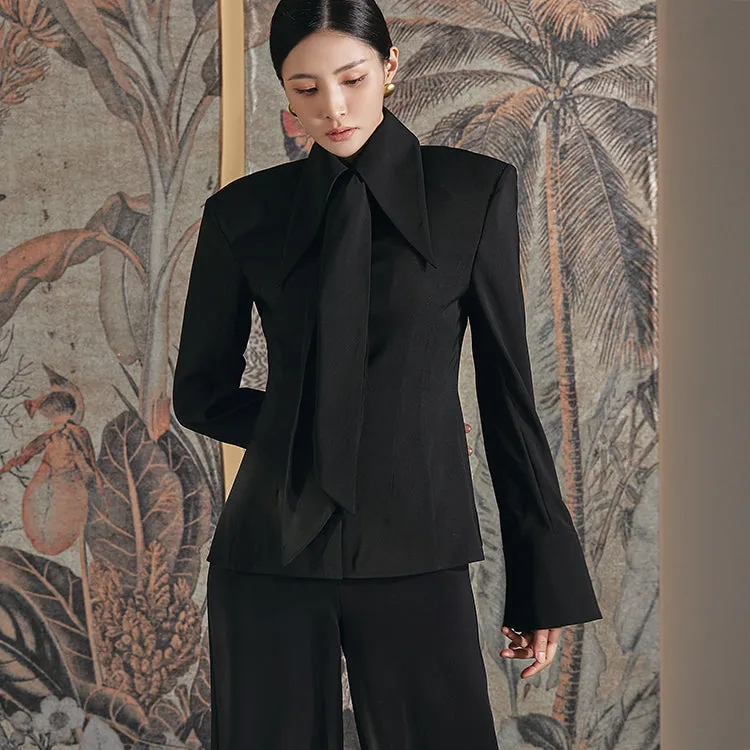 B9139 Button Shoulder Pad Blouse(Scarf Set)
