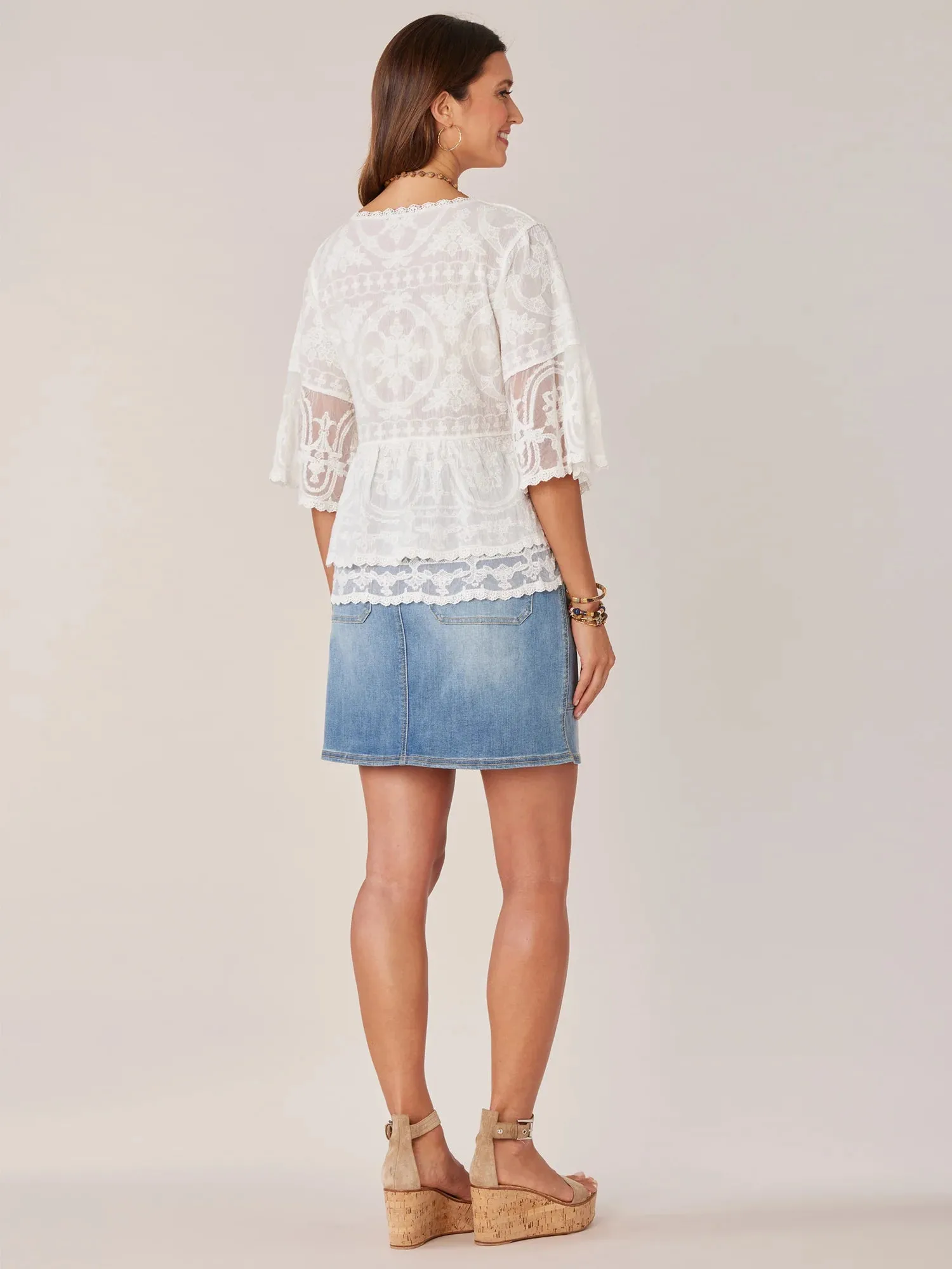 Bell Sleeve Embroidered Woven Top
