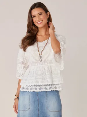 Bell Sleeve Embroidered Woven Top