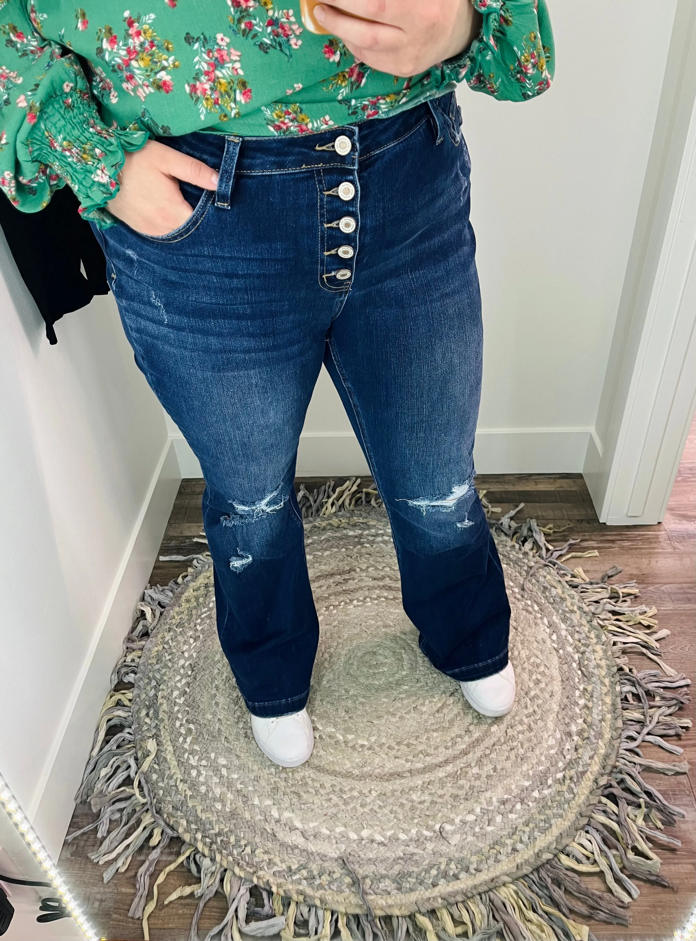 Blaire Dark Wash Mid Rise Distressed Flare KanCan Jeans