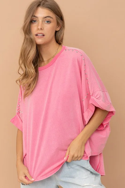 Blue B Studded Oversized High Low Womens T-Shirt 3Colors S-L