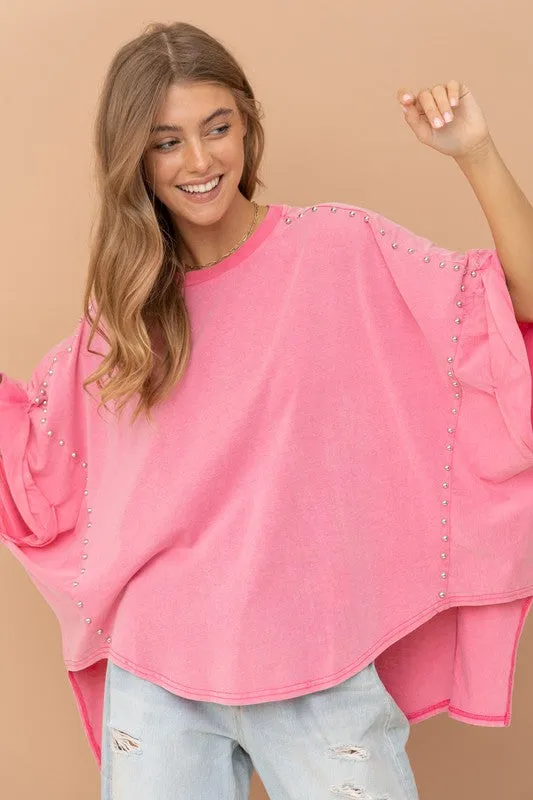 Blue B Studded Oversized High Low Womens T-Shirt 3Colors S-L