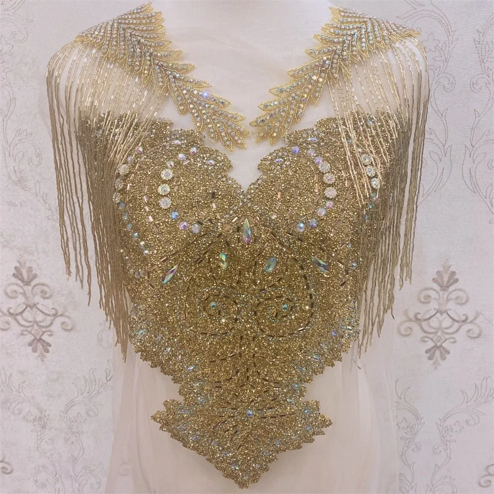 Bridal Wedding Party Rhinestone Crystal Beaded Sequin Glitter Full Body Sew On Patch Trim Applique / 35 COLOR DESIGNS