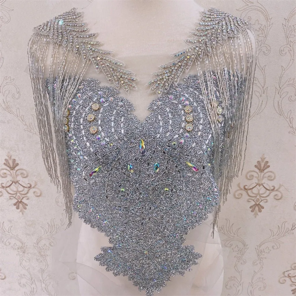 Bridal Wedding Party Rhinestone Crystal Beaded Sequin Glitter Full Body Sew On Patch Trim Applique / 35 COLOR DESIGNS