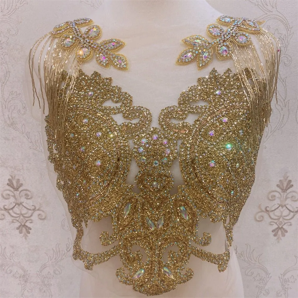 Bridal Wedding Party Rhinestone Crystal Beaded Sequin Glitter Full Body Sew On Patch Trim Applique / 35 COLOR DESIGNS