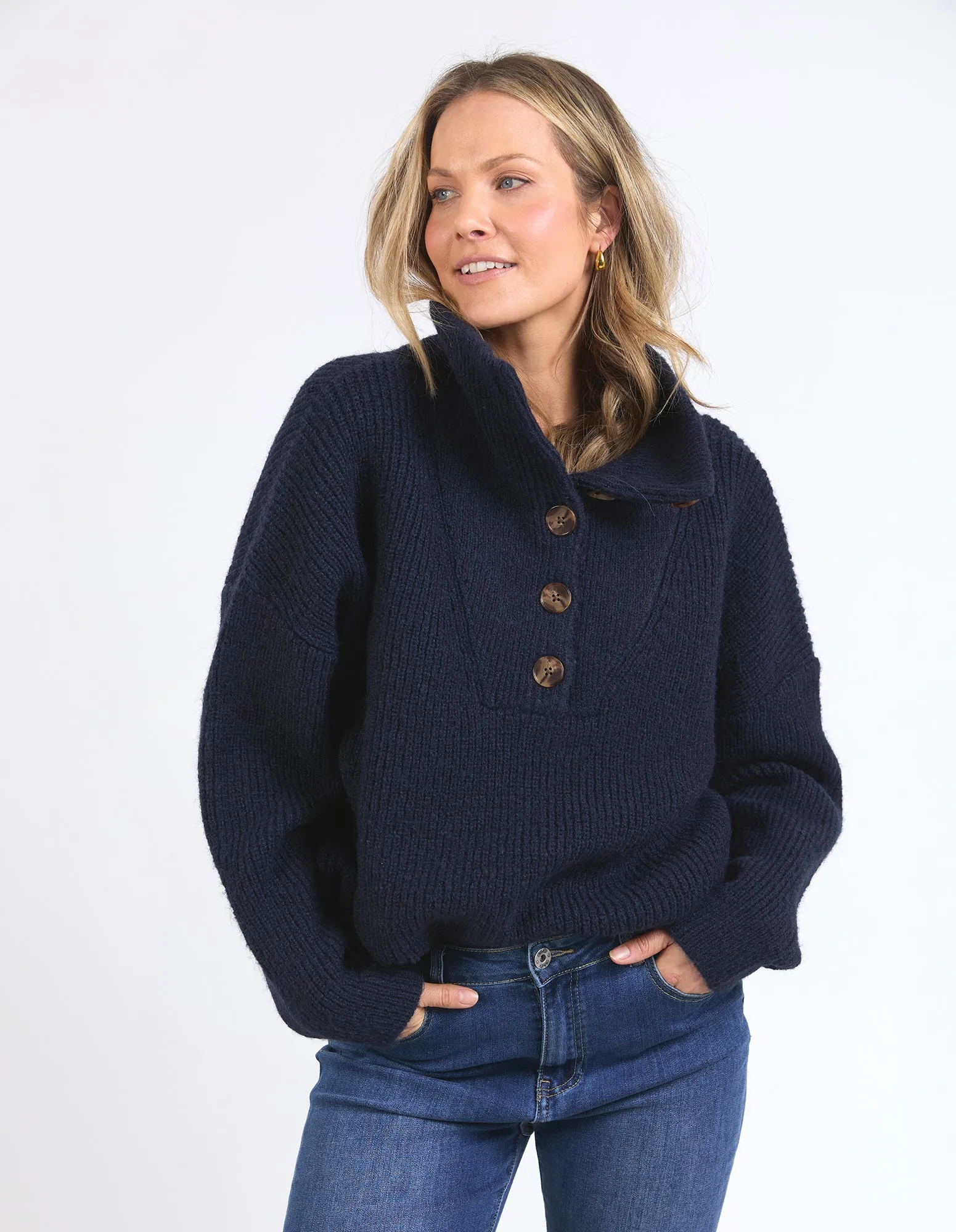Bron Button Knit - Navy