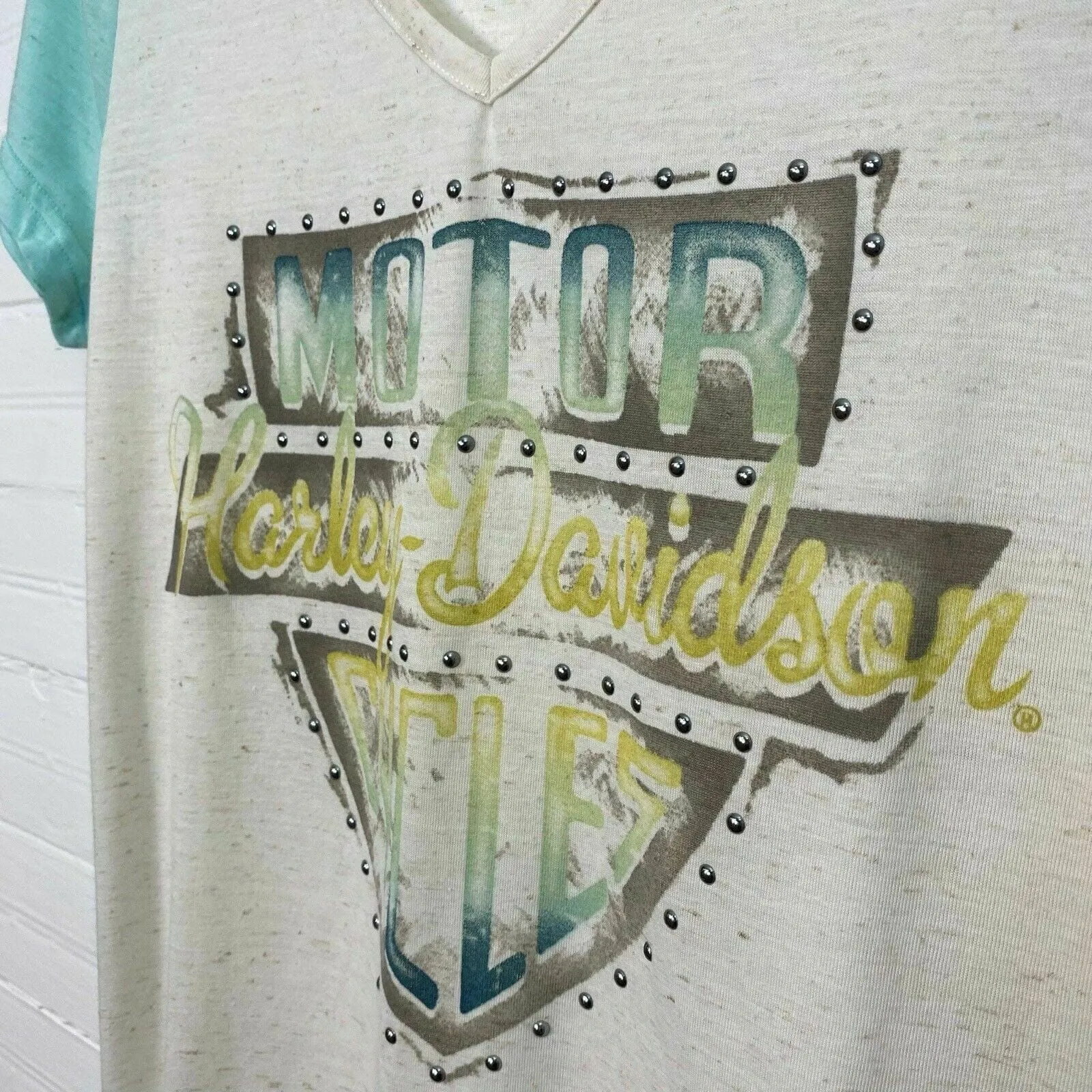 Captivating Harley-Davidson Womens V-Neck T-Shirt Graphic Studded Tied Waist Pre-Owned M Multicolor