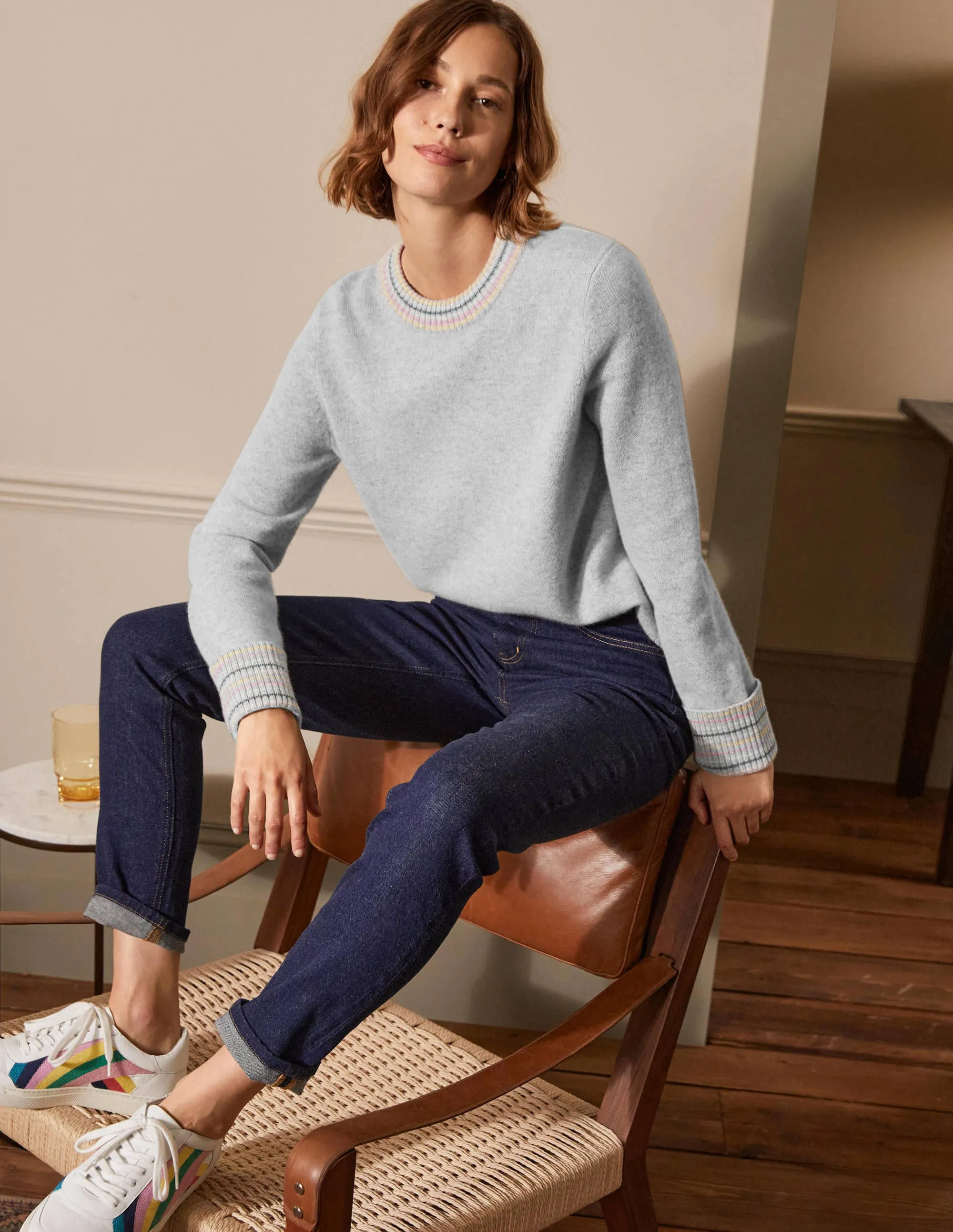 Cashmere Cuff Detail Jumper-Grey Melange