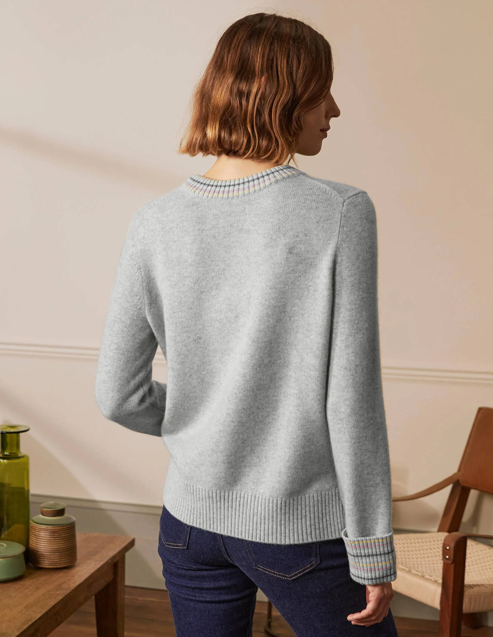 Cashmere Cuff Detail Jumper-Grey Melange
