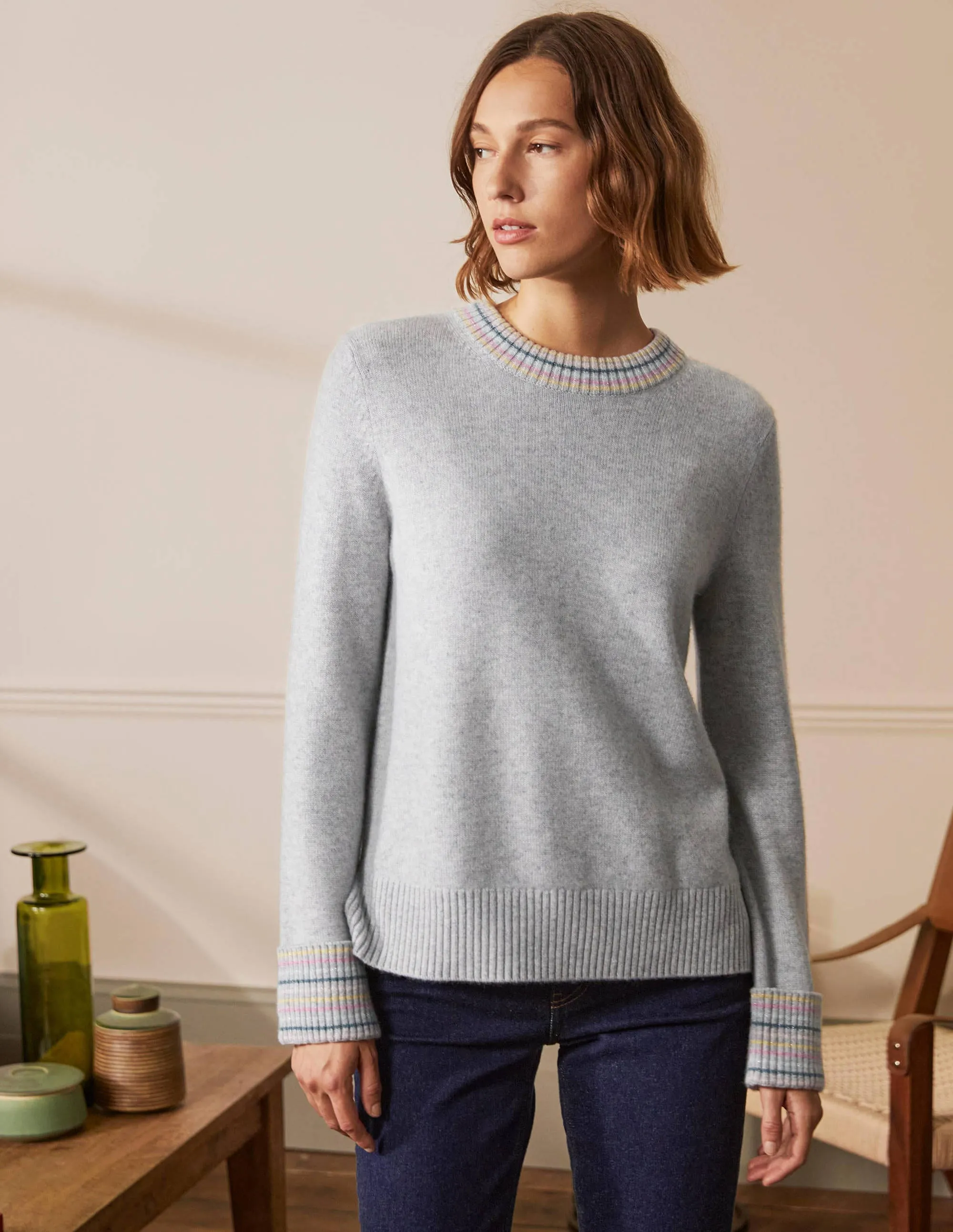 Cashmere Cuff Detail Jumper-Grey Melange