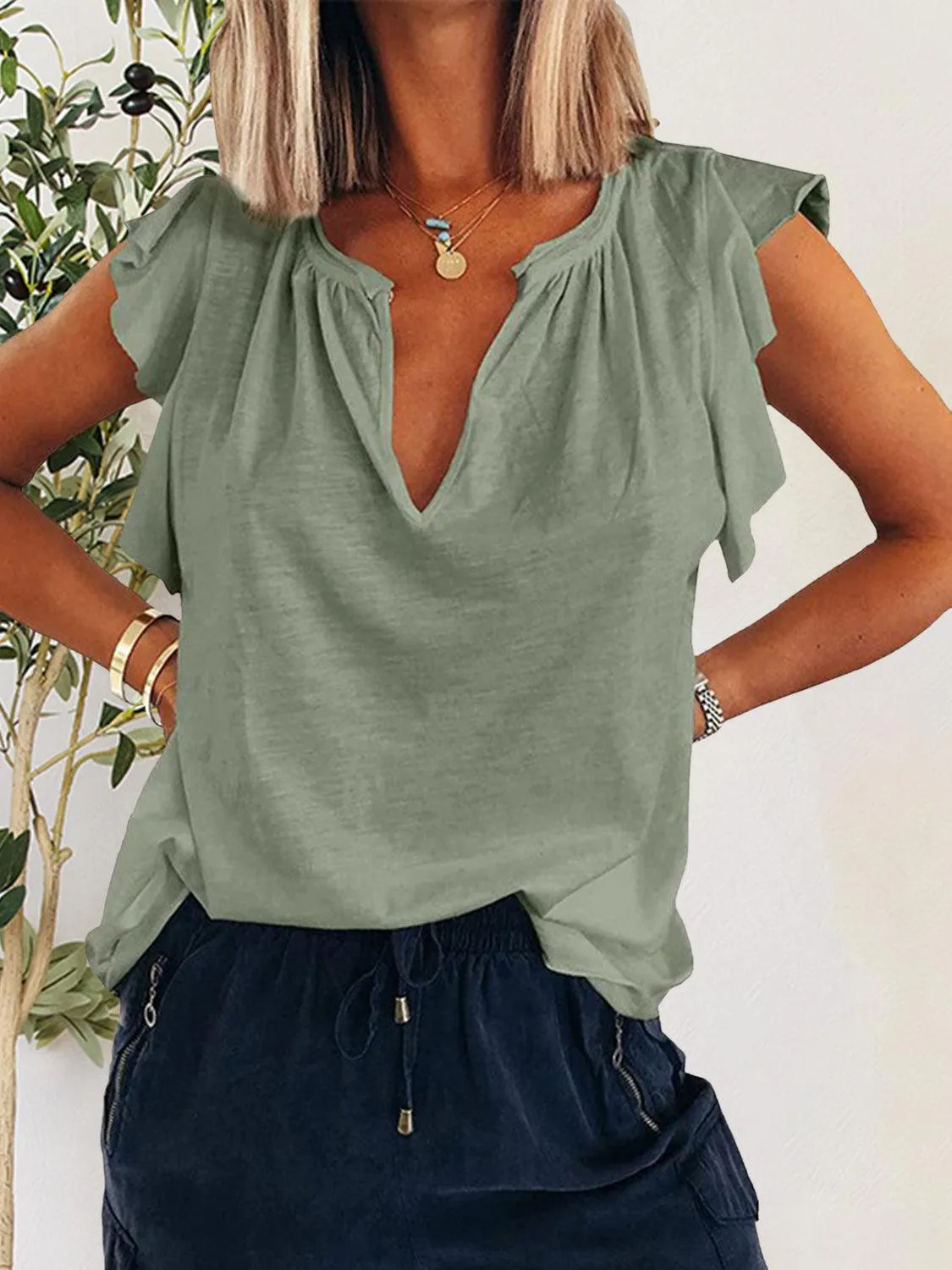 Casual Fab Notched Neck Flutter Sleeve Blouse