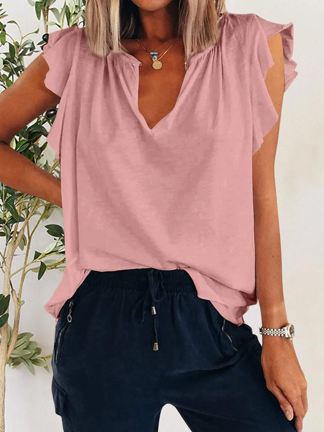 Casual Fab Notched Neck Flutter Sleeve Blouse
