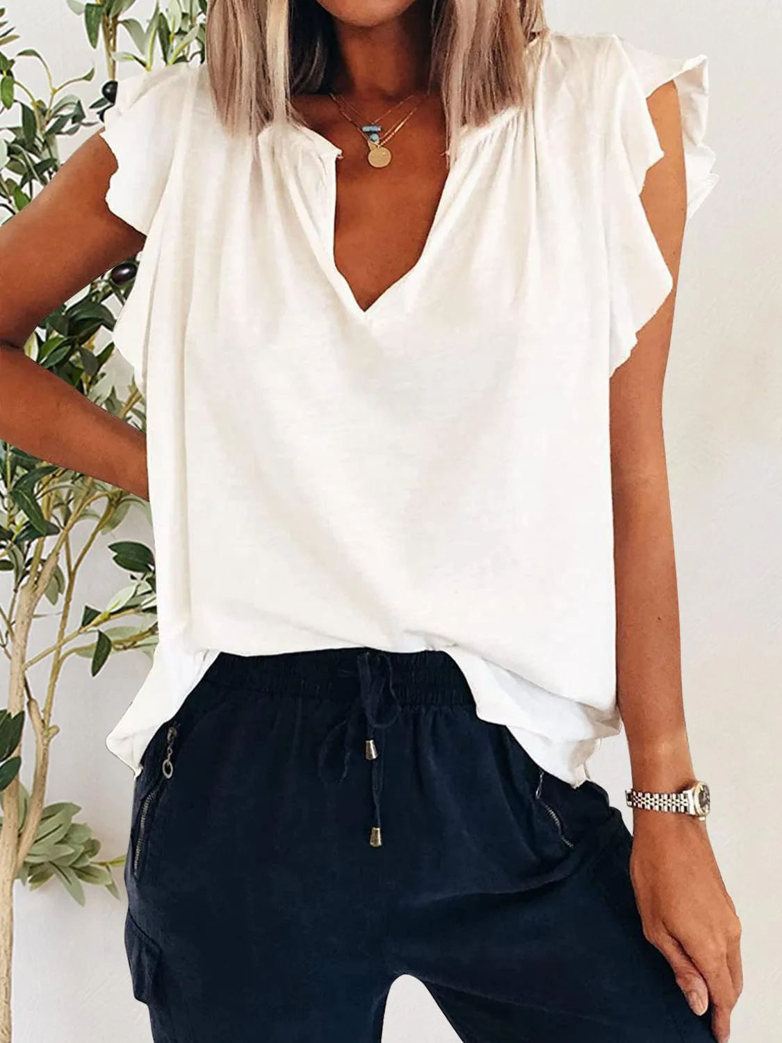 Casual Fab Notched Neck Flutter Sleeve Blouse