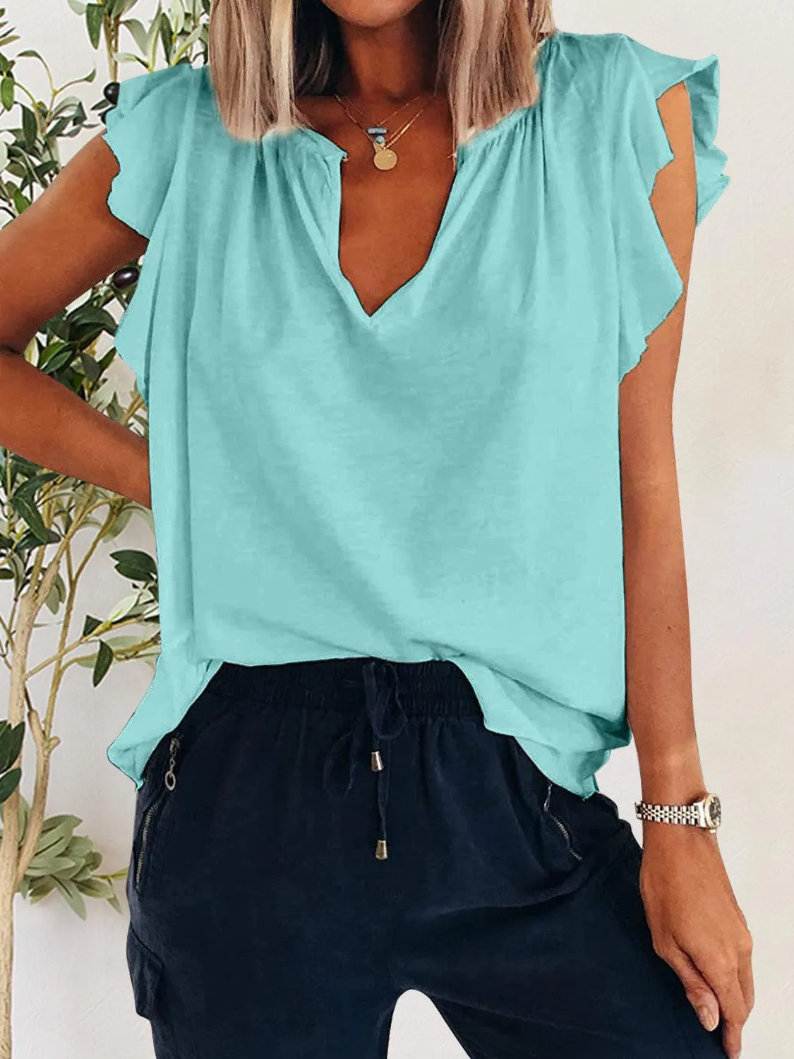 Casual Fab Notched Neck Flutter Sleeve Blouse