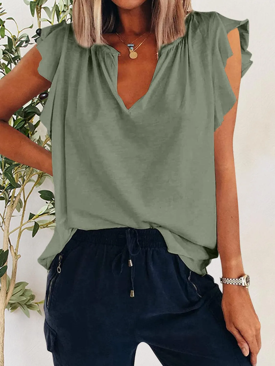 Casual Fab Notched Neck Flutter Sleeve Blouse