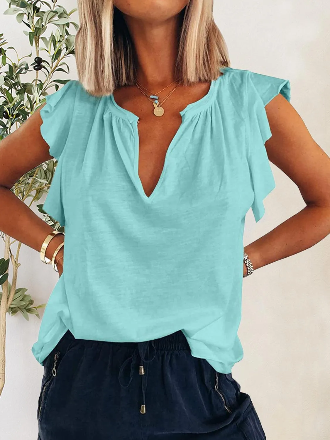 Casual Fab Notched Neck Flutter Sleeve Blouse