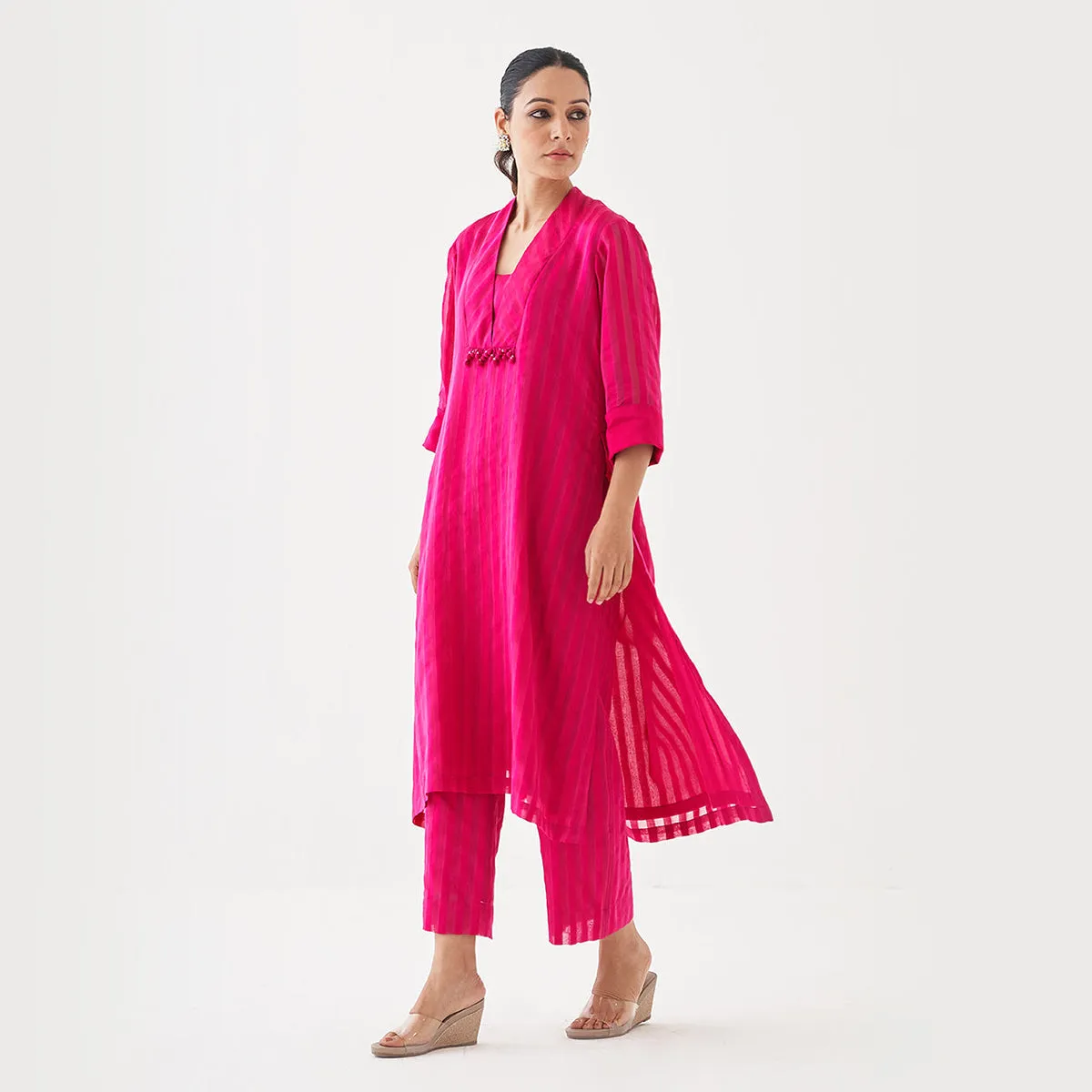 Chanderi Silk Kurta Set with Scarf | Rani Pink | Embellished