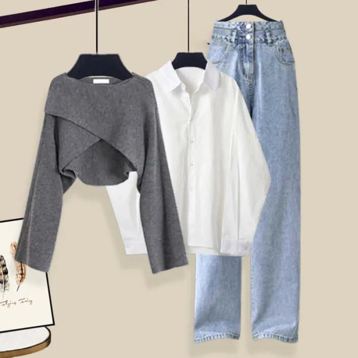 Chic Cross Knit Sweater Lapel Shirt Denim Pants Set