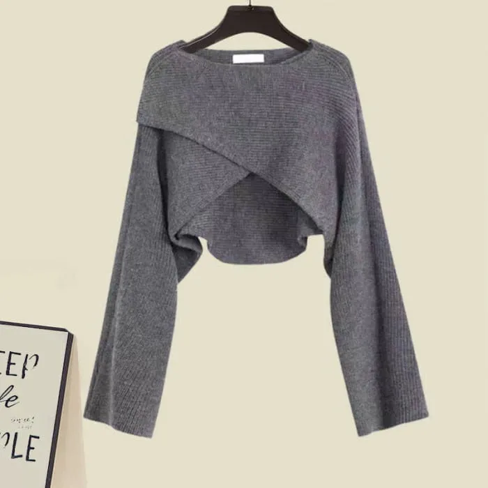 Chic Cross Knit Sweater Lapel Shirt Denim Pants Set