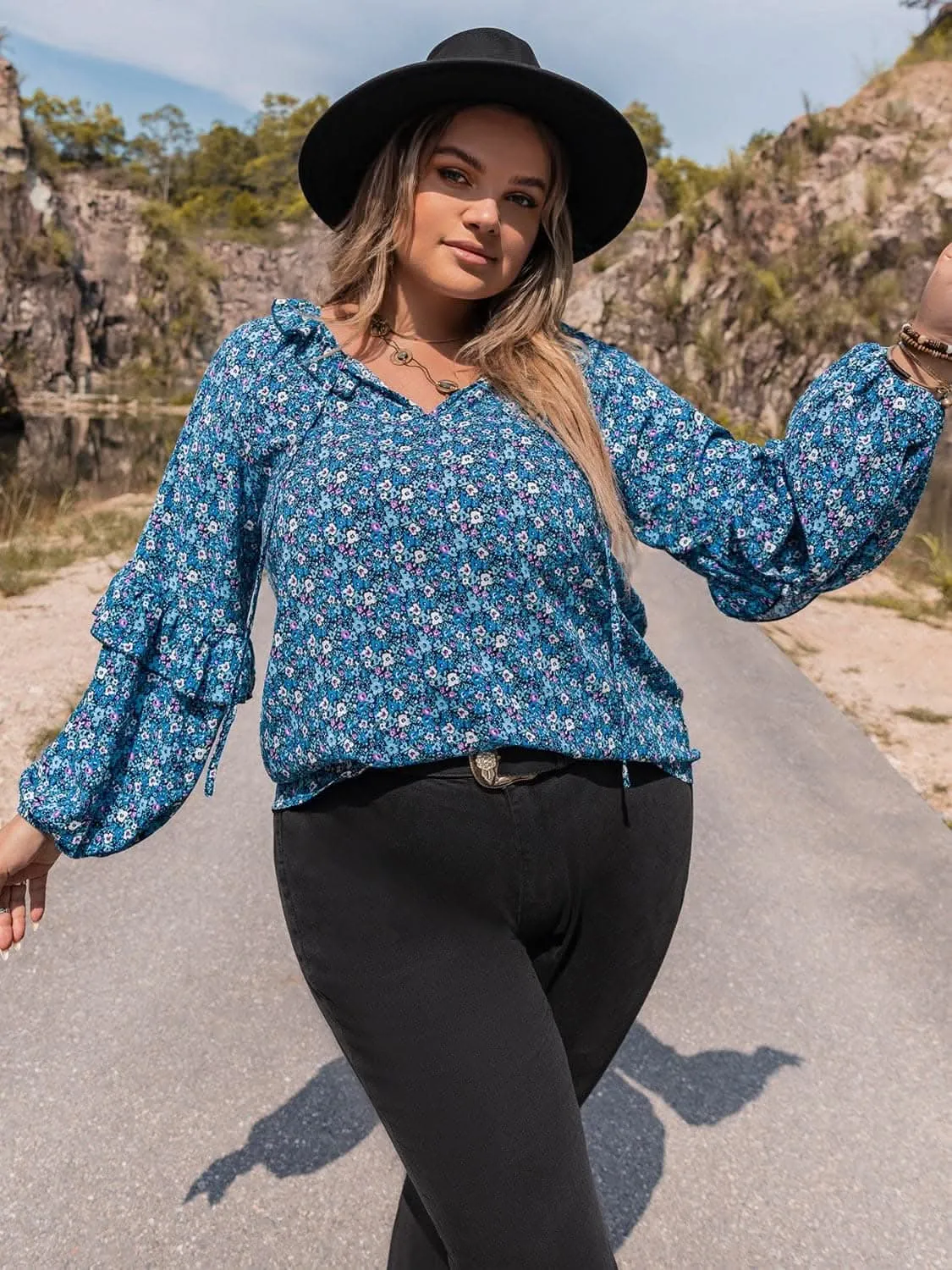 Chic plus size ruffled tie blouse
