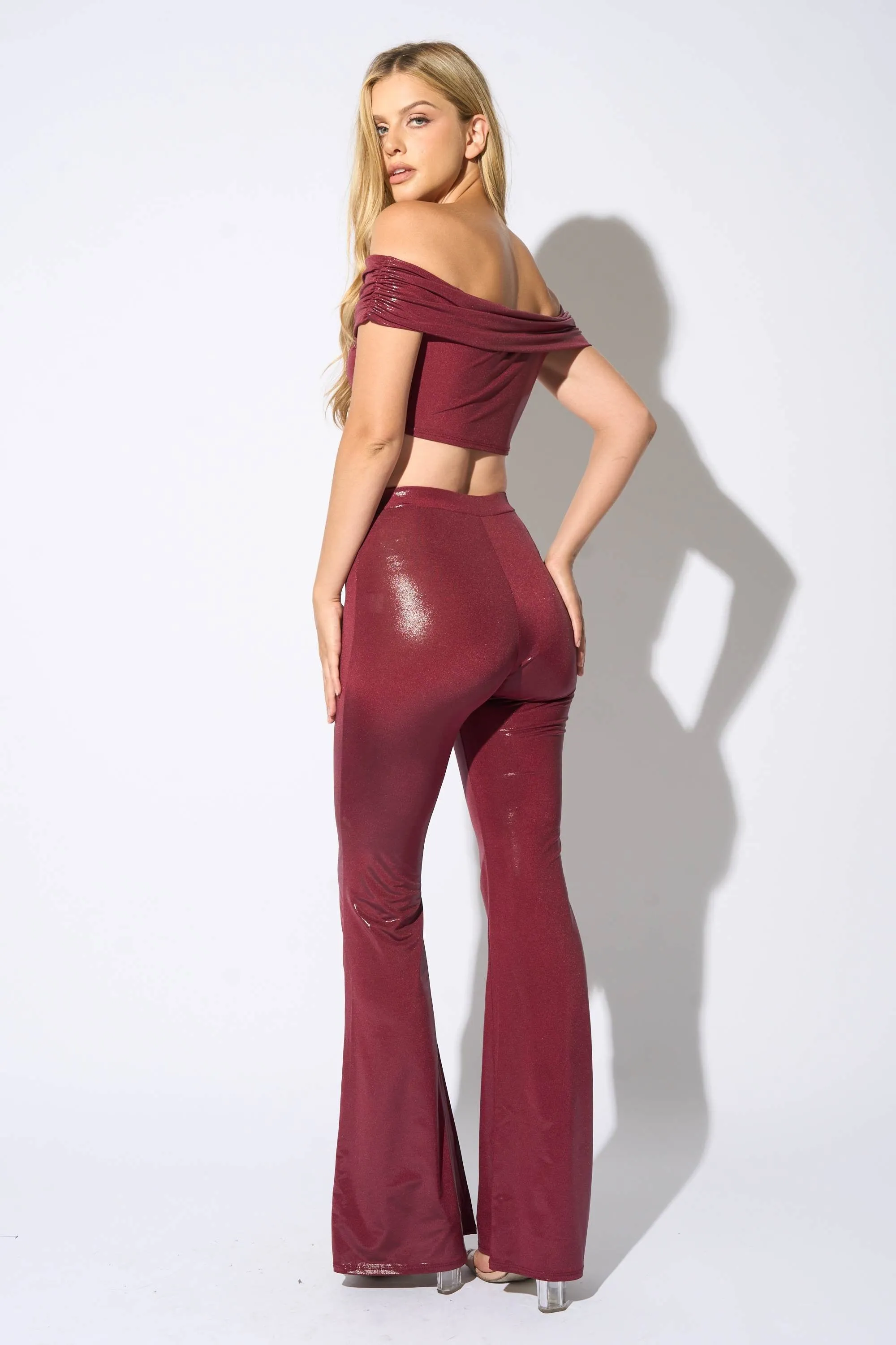CHIC SHINY FOILED CROPPED TOP & LONG PANTS SET