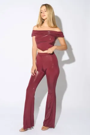 CHIC SHINY FOILED CROPPED TOP & LONG PANTS SET