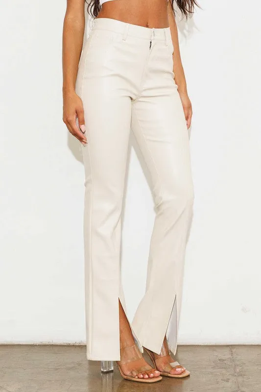 Cognac Creme 1798 Vegan Leather Front Slit Bootcut Jeans