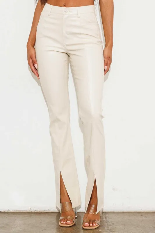 Cognac Creme 1798 Vegan Leather Front Slit Bootcut Jeans