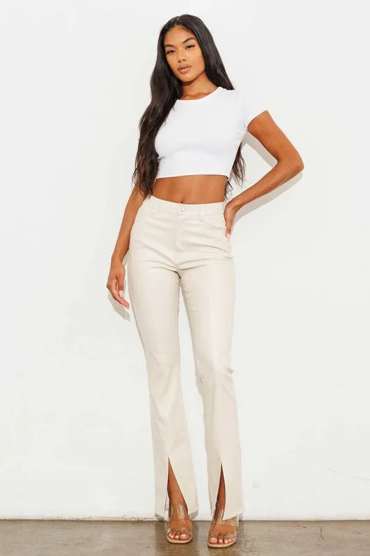 Cognac Creme 1798 Vegan Leather Front Slit Bootcut Jeans