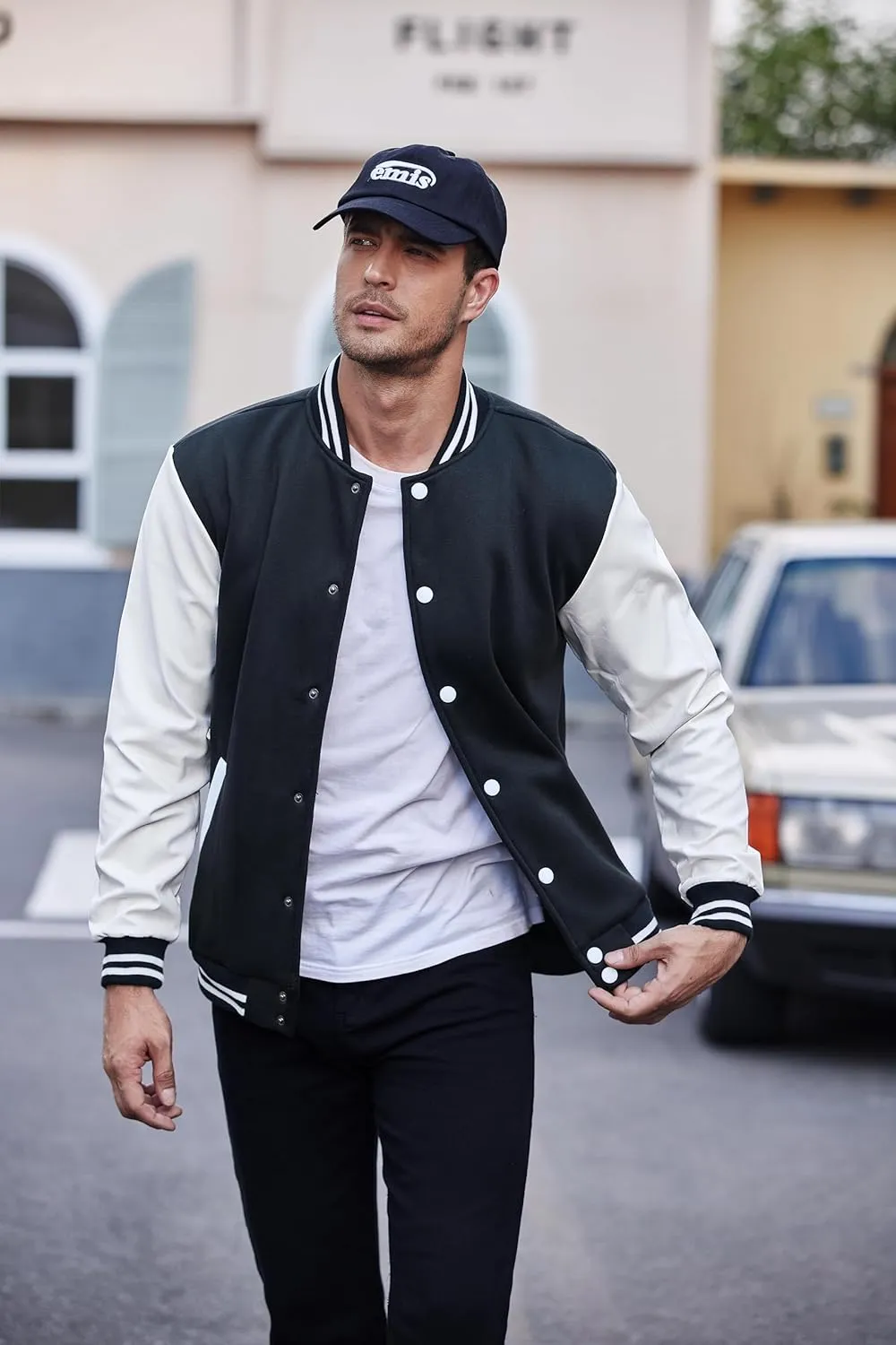 COOFANDY Mens Fashion Varsity Jackets Leather Sleeve Slim Fit College Baseball Letterman Bomber Coat