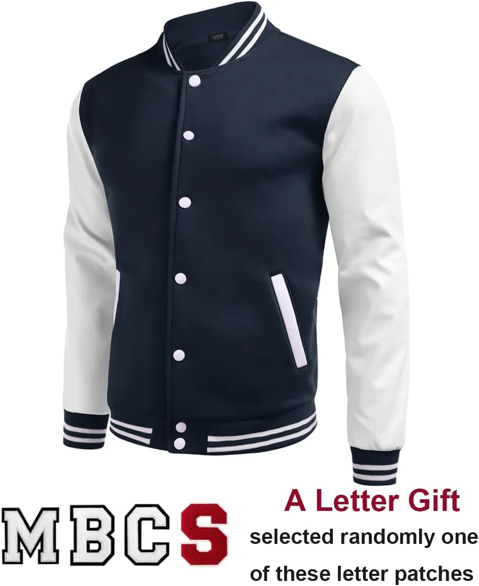 COOFANDY Mens Fashion Varsity Jackets Leather Sleeve Slim Fit College Baseball Letterman Bomber Coat