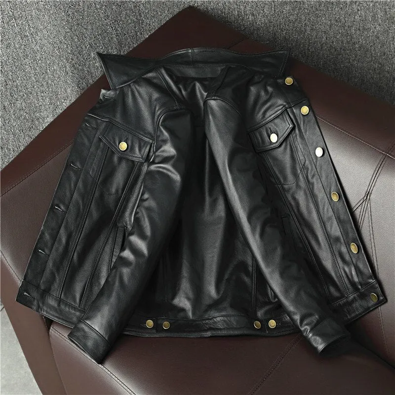 Cowboy Genuine Leather Jacket Cowhide Motorcycle Jacket Men Coat Short