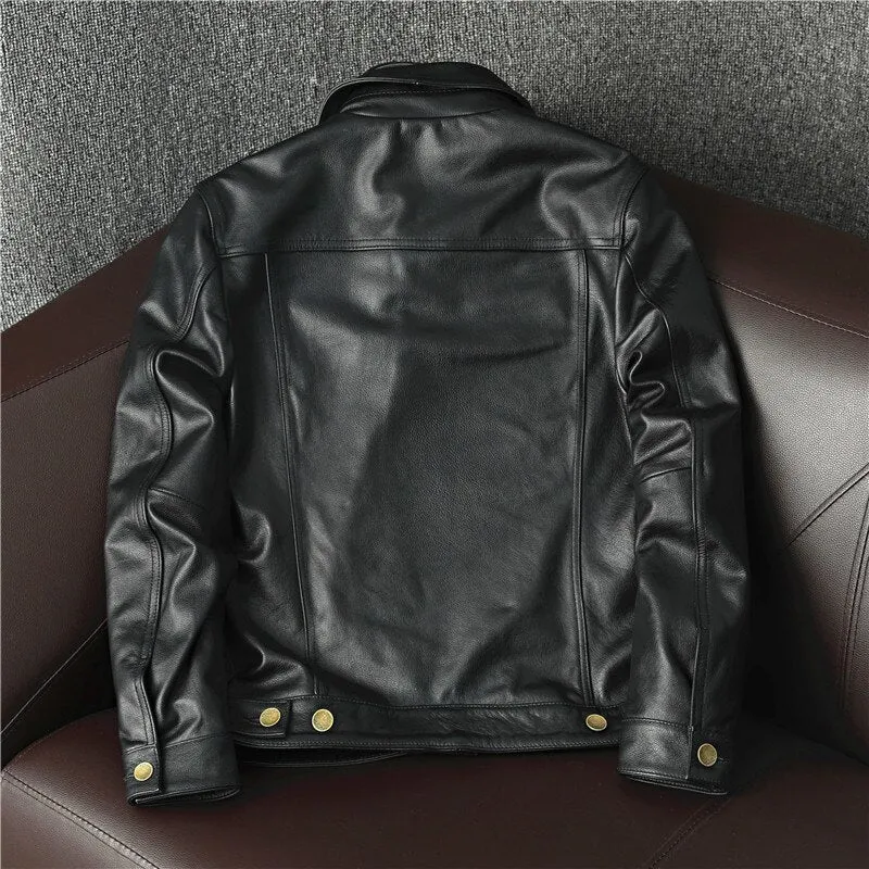 Cowboy Genuine Leather Jacket Cowhide Motorcycle Jacket Men Coat Short