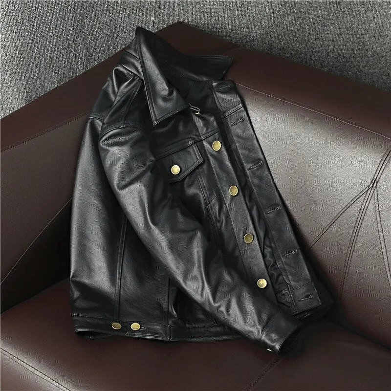 Cowboy Genuine Leather Jacket Cowhide Motorcycle Jacket Men Coat Short