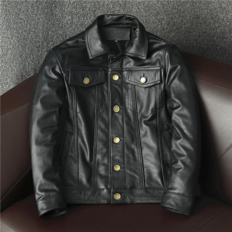 Cowboy Genuine Leather Jacket Cowhide Motorcycle Jacket Men Coat Short