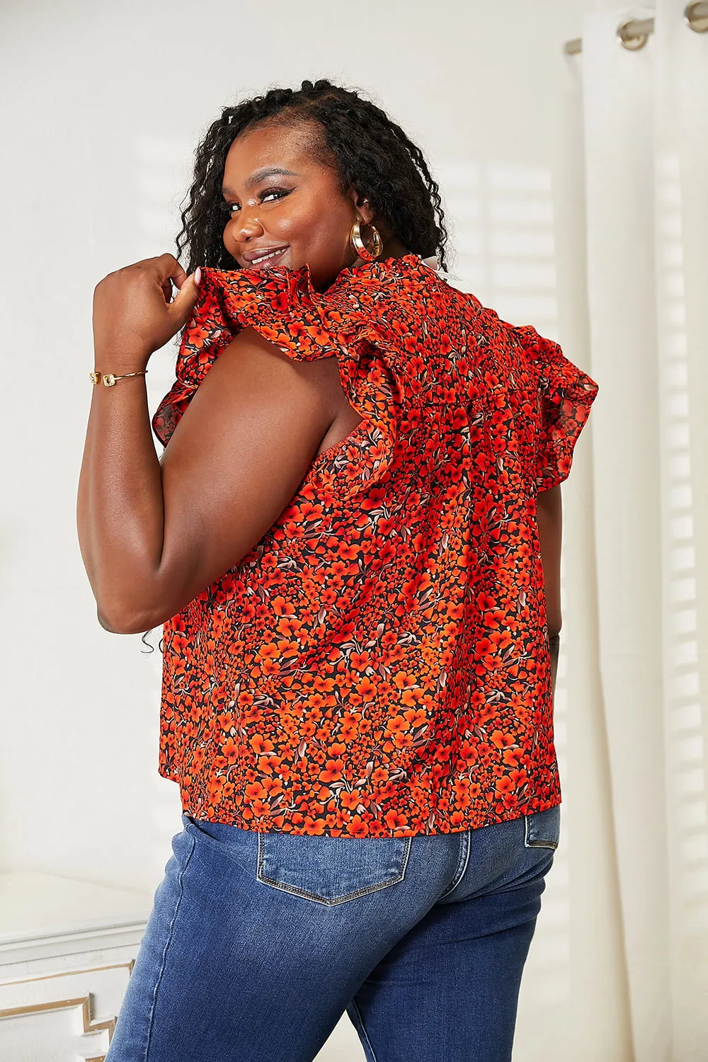 Date Night  Floral Flutter Sleeve Notched Neck Blouse