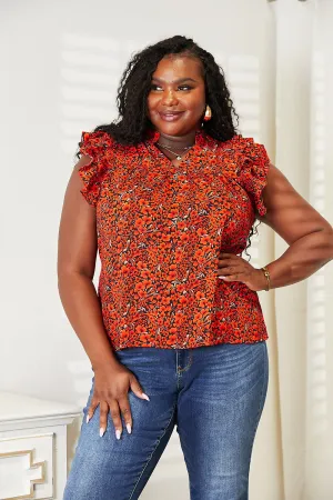 Date Night  Floral Flutter Sleeve Notched Neck Blouse