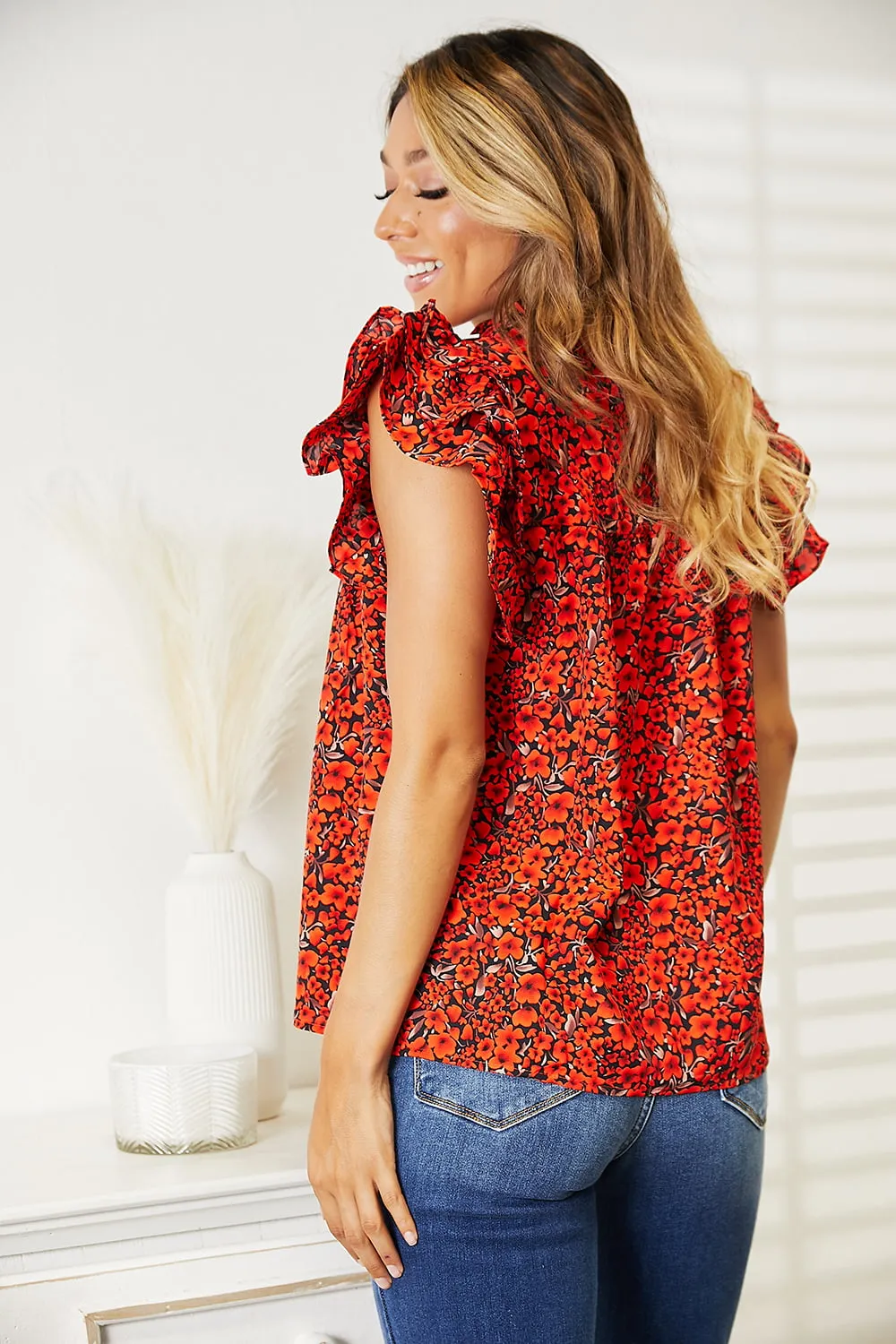 Date Night  Floral Flutter Sleeve Notched Neck Blouse