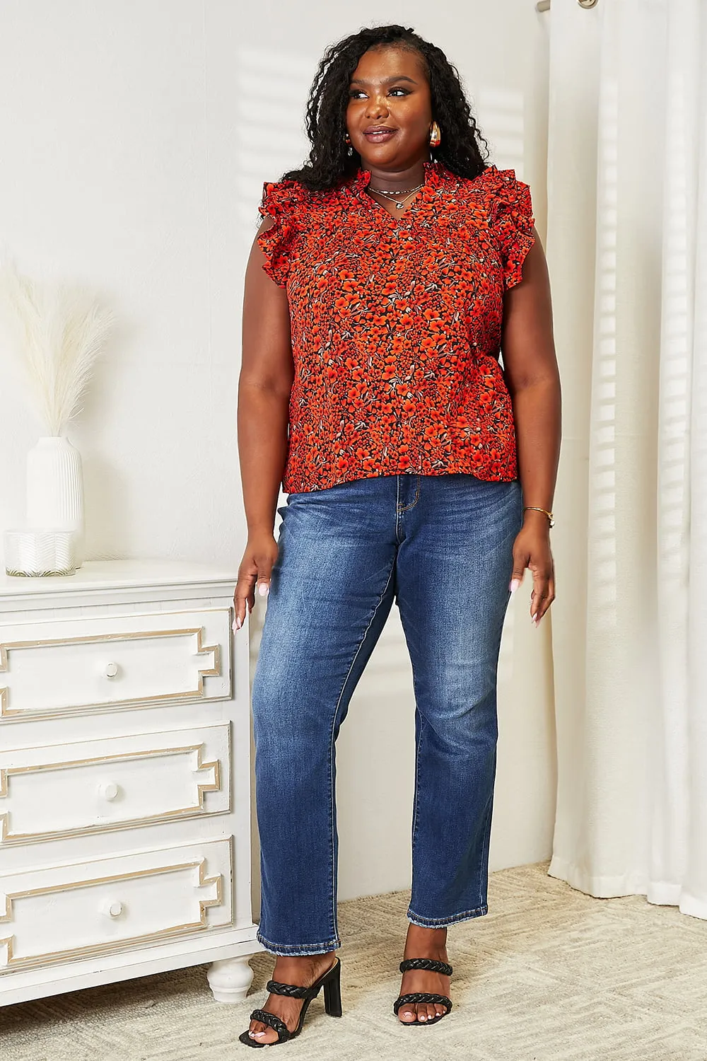 Date Night  Floral Flutter Sleeve Notched Neck Blouse