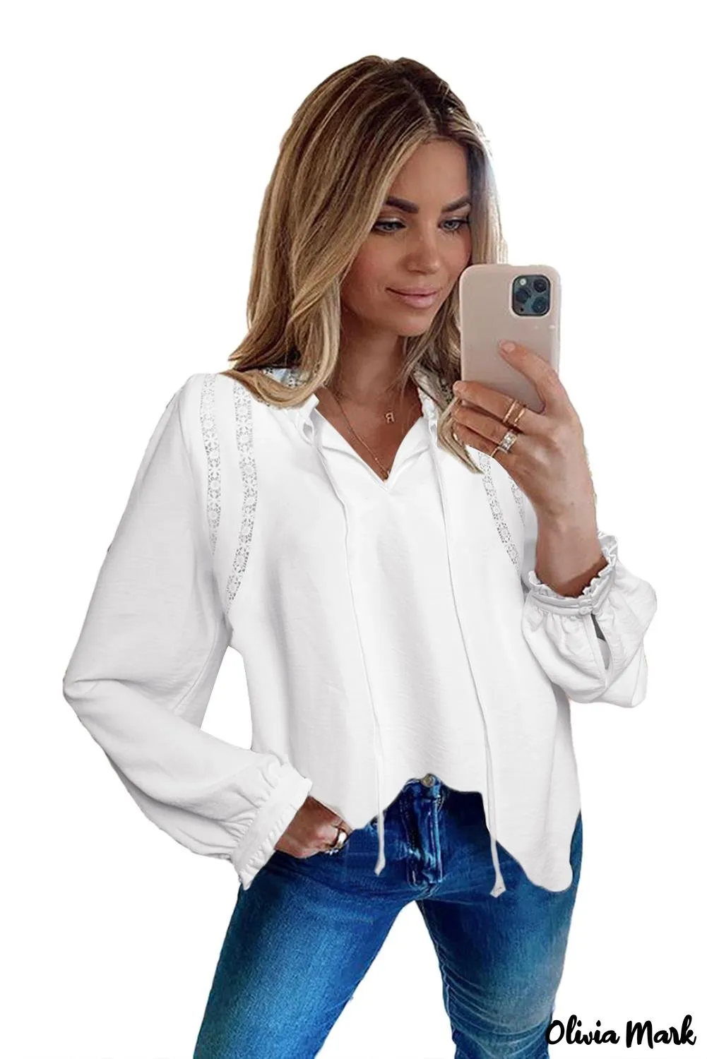 Deanwangkt - White Lace Patchwork Ruffle Long Sleeve Blouse