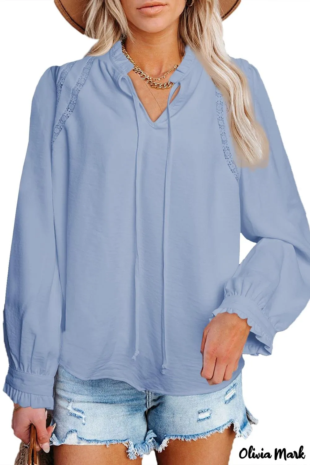 Deanwangkt - White Lace Patchwork Ruffle Long Sleeve Blouse