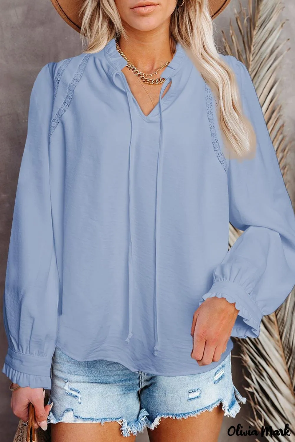 Deanwangkt - White Lace Patchwork Ruffle Long Sleeve Blouse