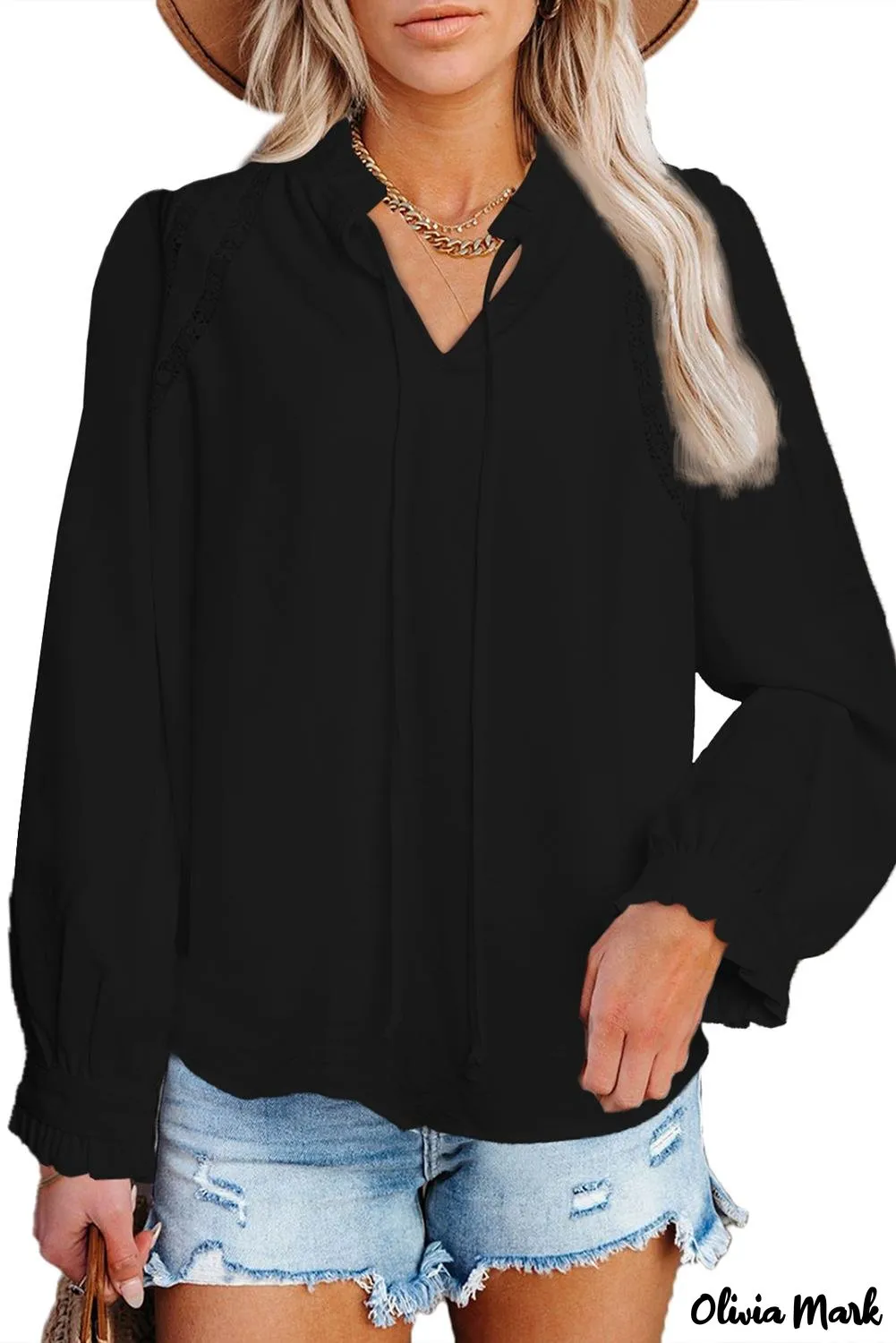 Deanwangkt - White Lace Patchwork Ruffle Long Sleeve Blouse