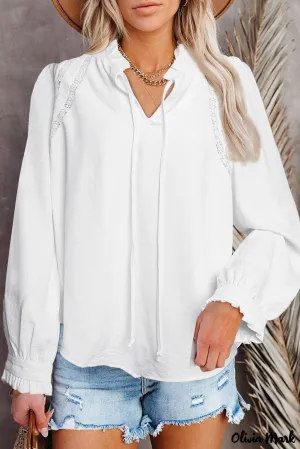 Deanwangkt - White Lace Patchwork Ruffle Long Sleeve Blouse