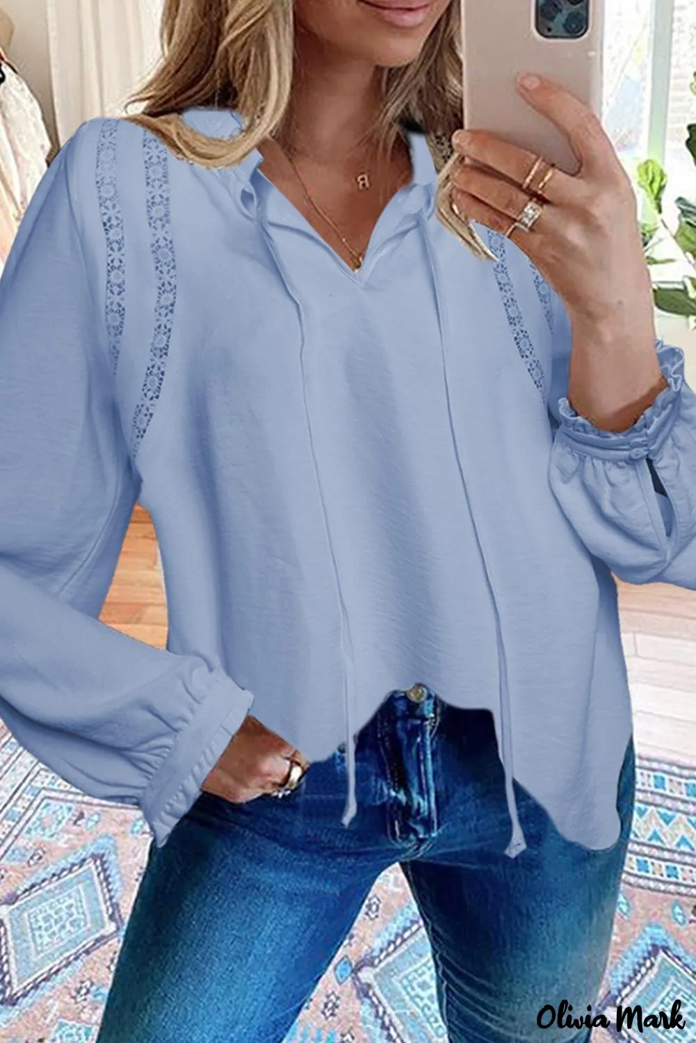 Deanwangkt - White Lace Patchwork Ruffle Long Sleeve Blouse
