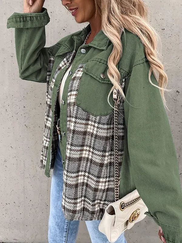 Denim Jacket Long Sleeve Check Button Down Shirt Jacket Top
