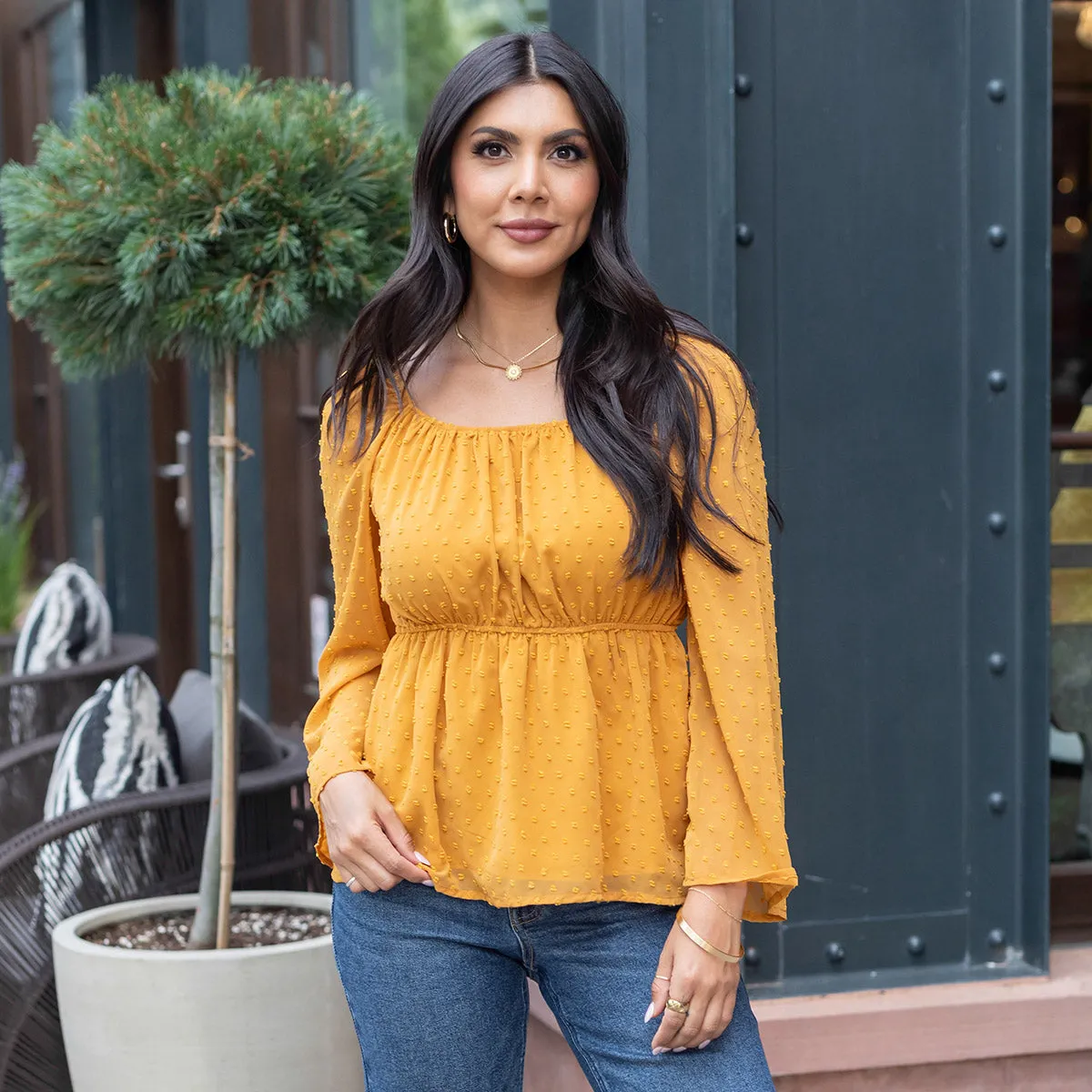 Dobby Dot Honey Gold Peplum Top