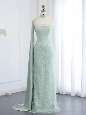 Elegant Light Green Prom Dresses Beaded Sheath Formal Dresses Watteau Train BD011