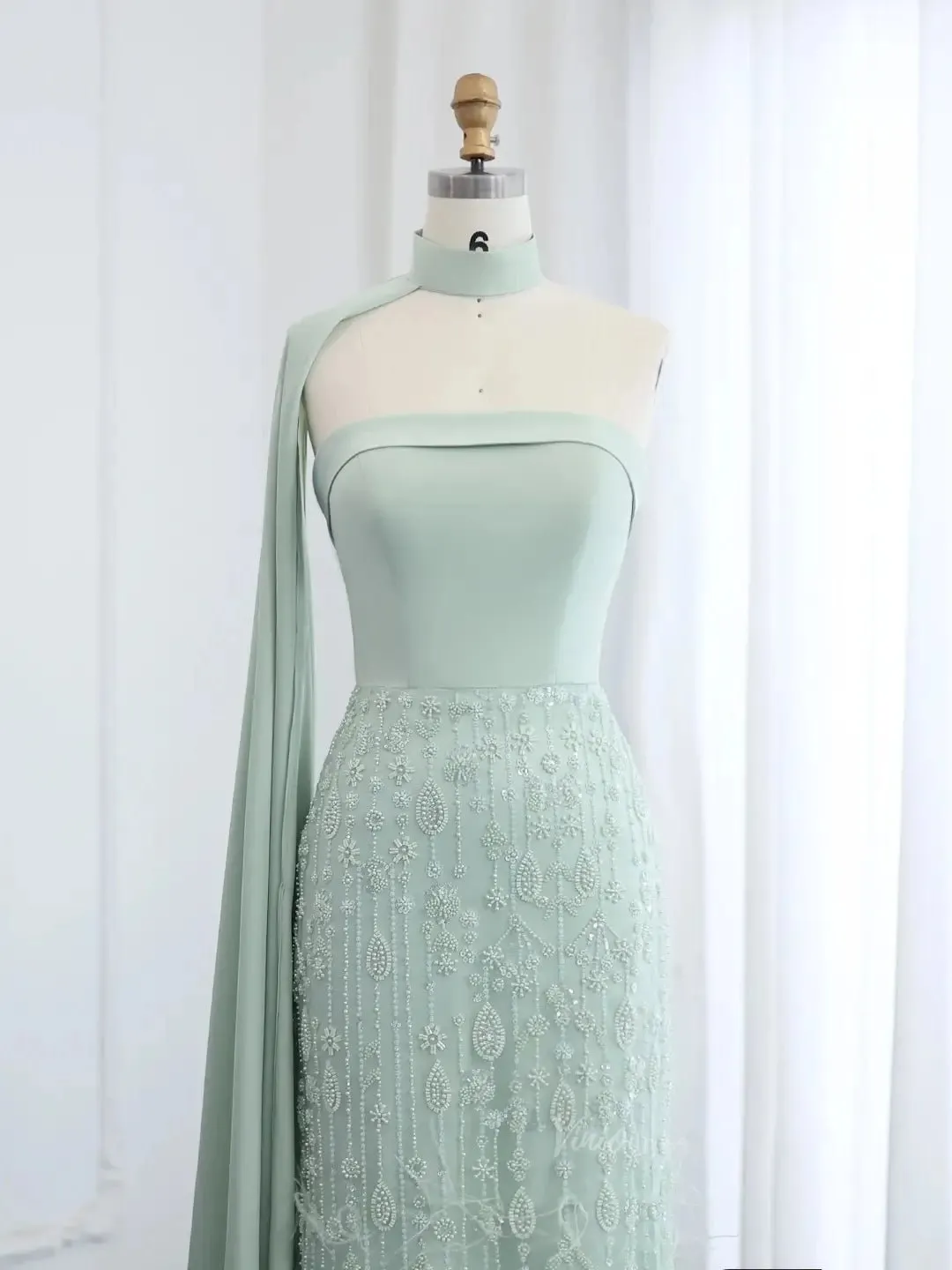 Elegant Light Green Prom Dresses Beaded Sheath Formal Dresses Watteau Train BD011