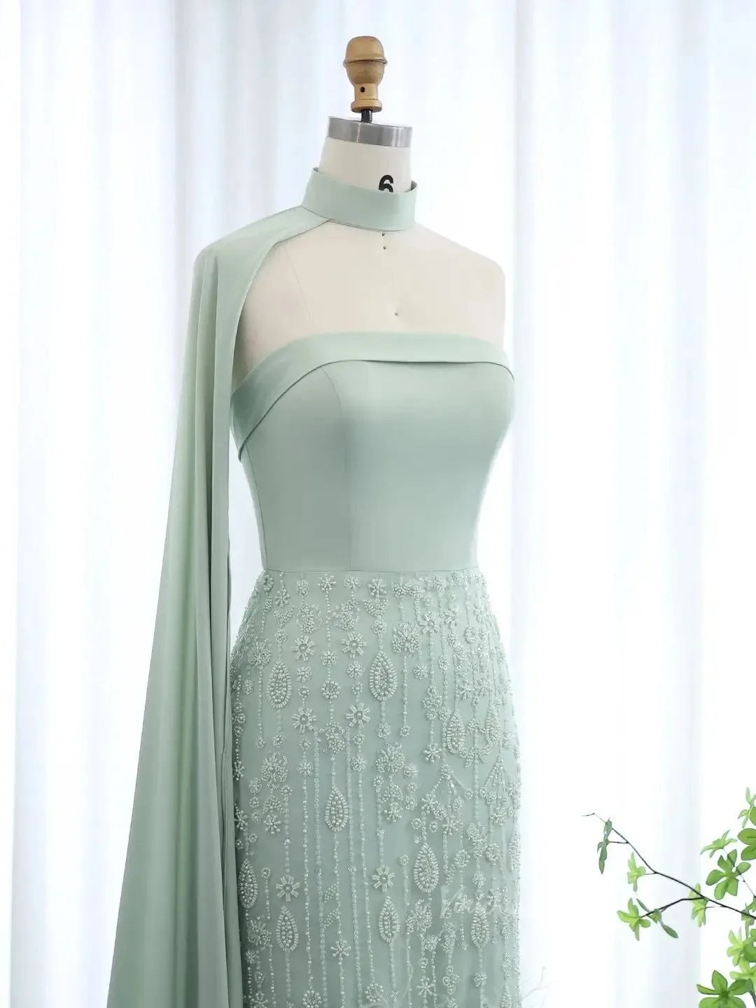 Elegant Light Green Prom Dresses Beaded Sheath Formal Dresses Watteau Train BD011